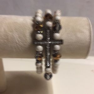 Ivory Beaded Rhinestone Cross Bracelet
